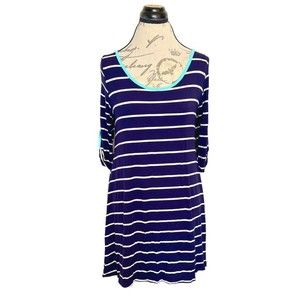 KNC Womens Striped Dress Bow Blue Coastal Beach Stretch Rolled up Cuffs Sz Large